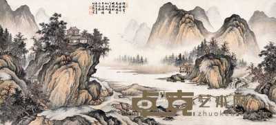 殷梓湘 庚寅（1950年）作 溪山行旅图 片 57×126cm